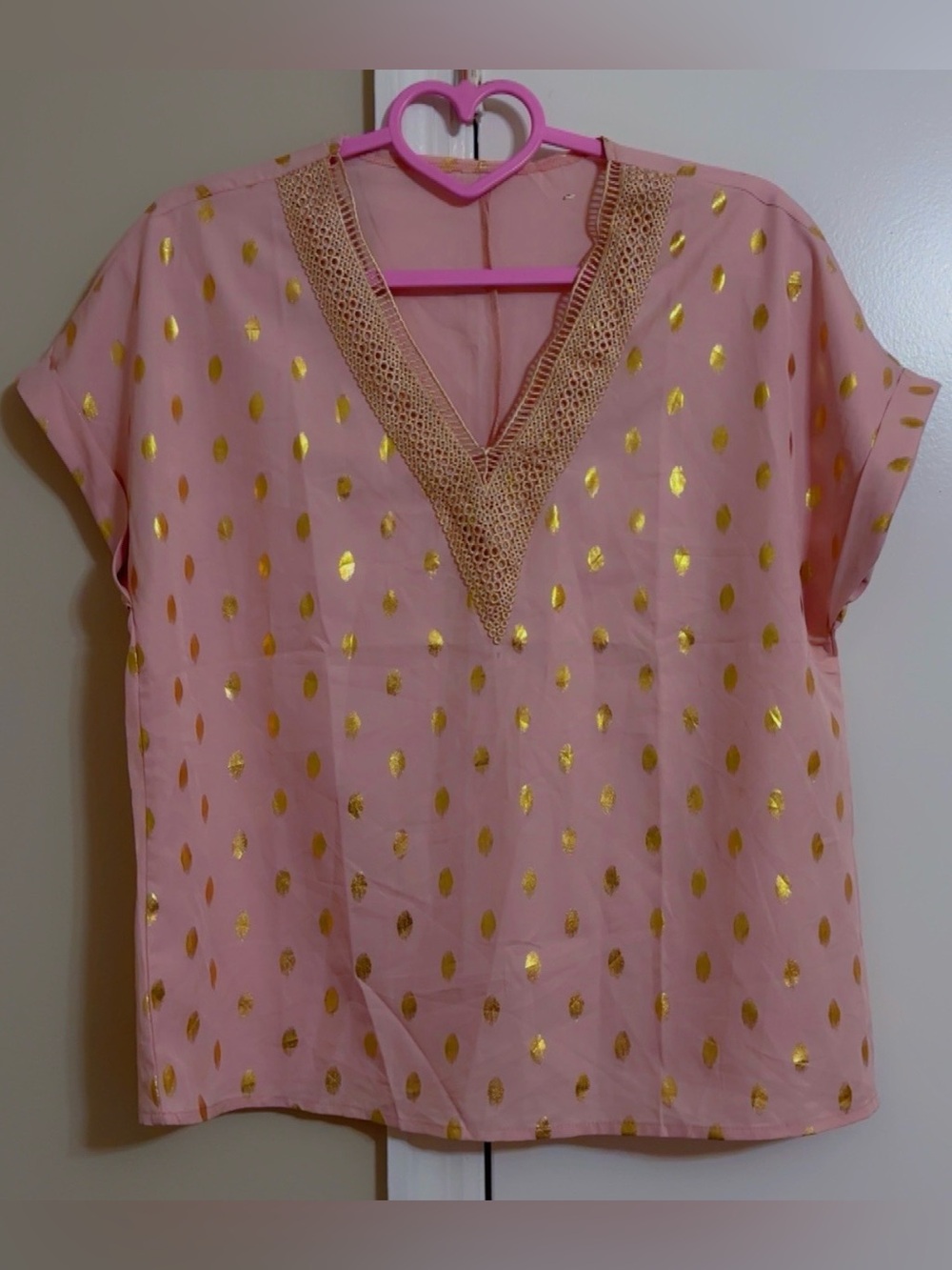 Pink and Gold V-Neck Women's Top